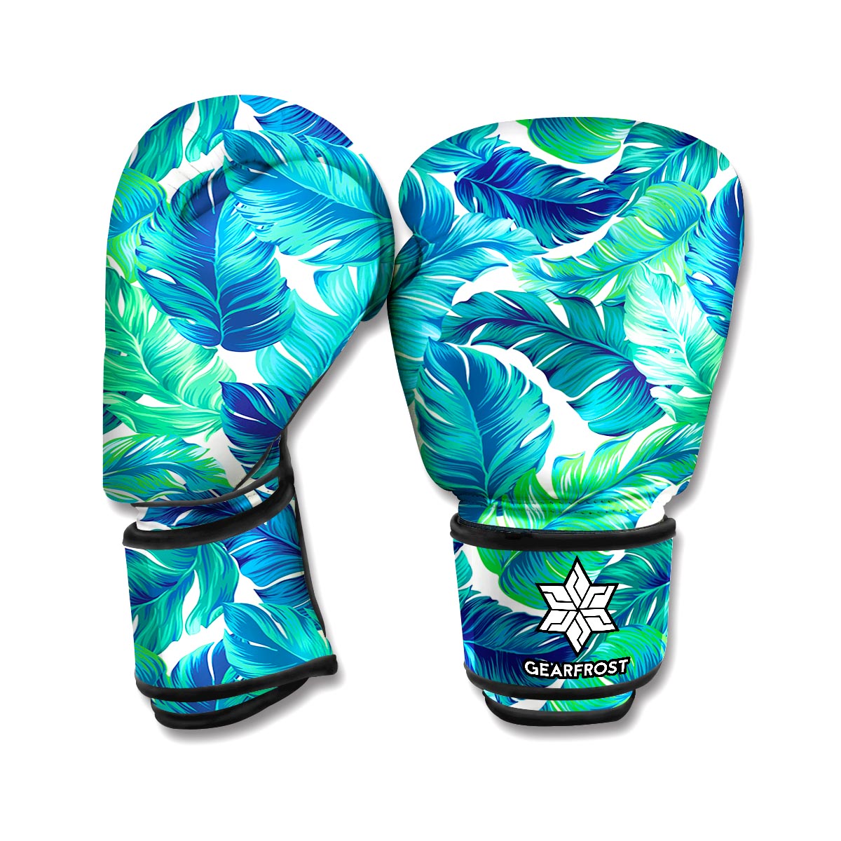 Teal Tropical Leaf Pattern Print Boxing Gloves