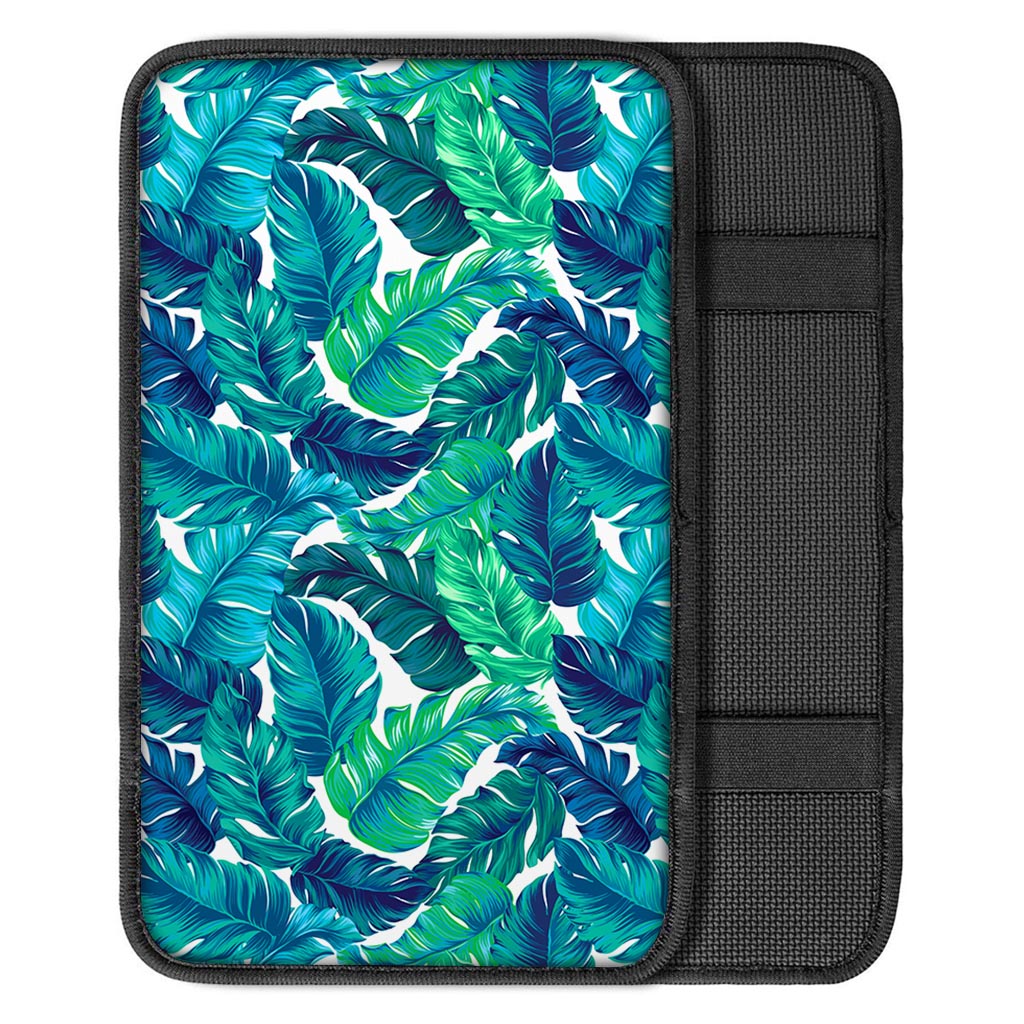 Teal Tropical Leaf Pattern Print Car Center Console Cover
