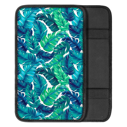 Teal Tropical Leaf Pattern Print Car Center Console Cover