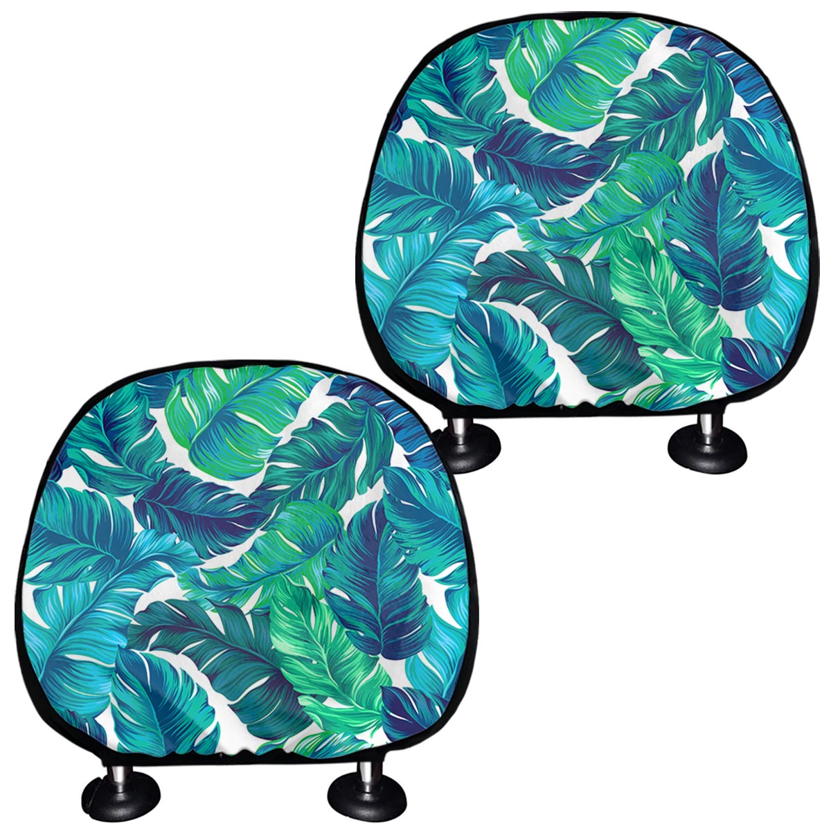 Teal Tropical Leaf Pattern Print Car Headrest Covers