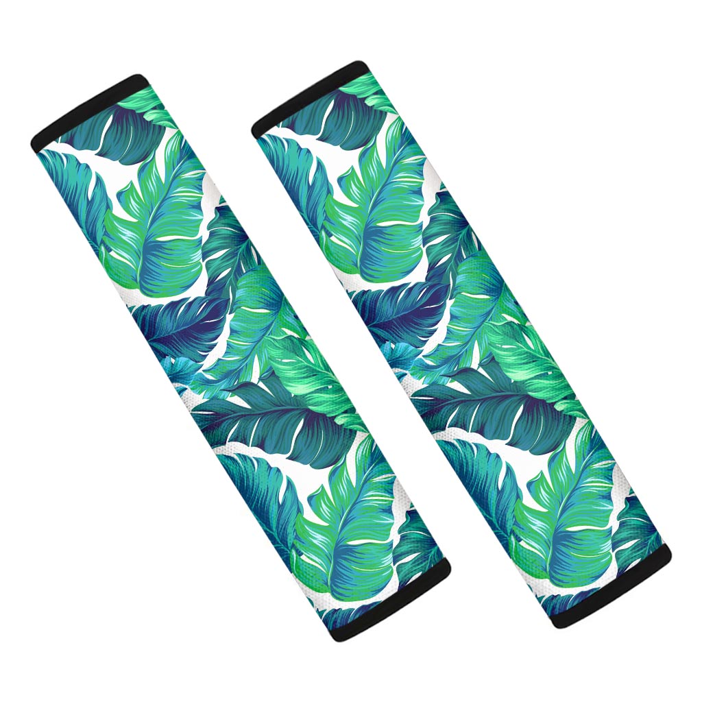 Teal Tropical Leaf Pattern Print Car Seat Belt Covers