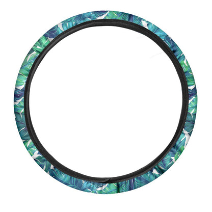 Teal Tropical Leaf Pattern Print Car Steering Wheel Cover