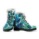 Teal Tropical Leaf Pattern Print Comfy Boots GearFrost