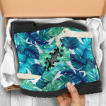 Teal Tropical Leaf Pattern Print Comfy Boots GearFrost