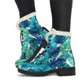 Teal Tropical Leaf Pattern Print Faux Fur Leather Boots