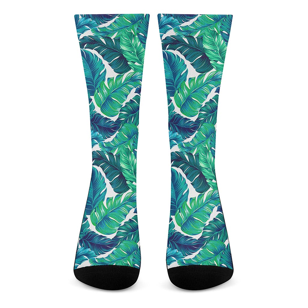 Teal Tropical Leaf Pattern Print Crew Socks