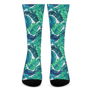 Teal Tropical Leaf Pattern Print Crew Socks