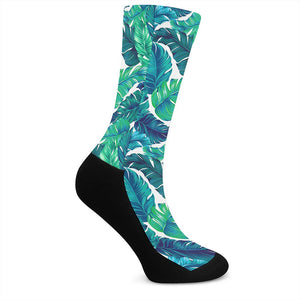 Teal Tropical Leaf Pattern Print Crew Socks