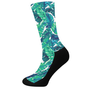 Teal Tropical Leaf Pattern Print Crew Socks