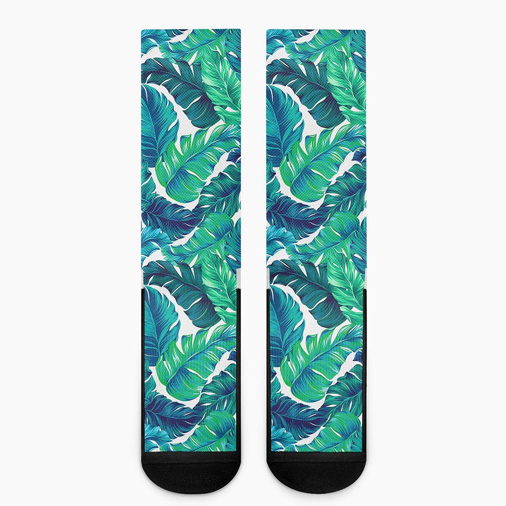 Teal Tropical Leaf Pattern Print Crew Socks