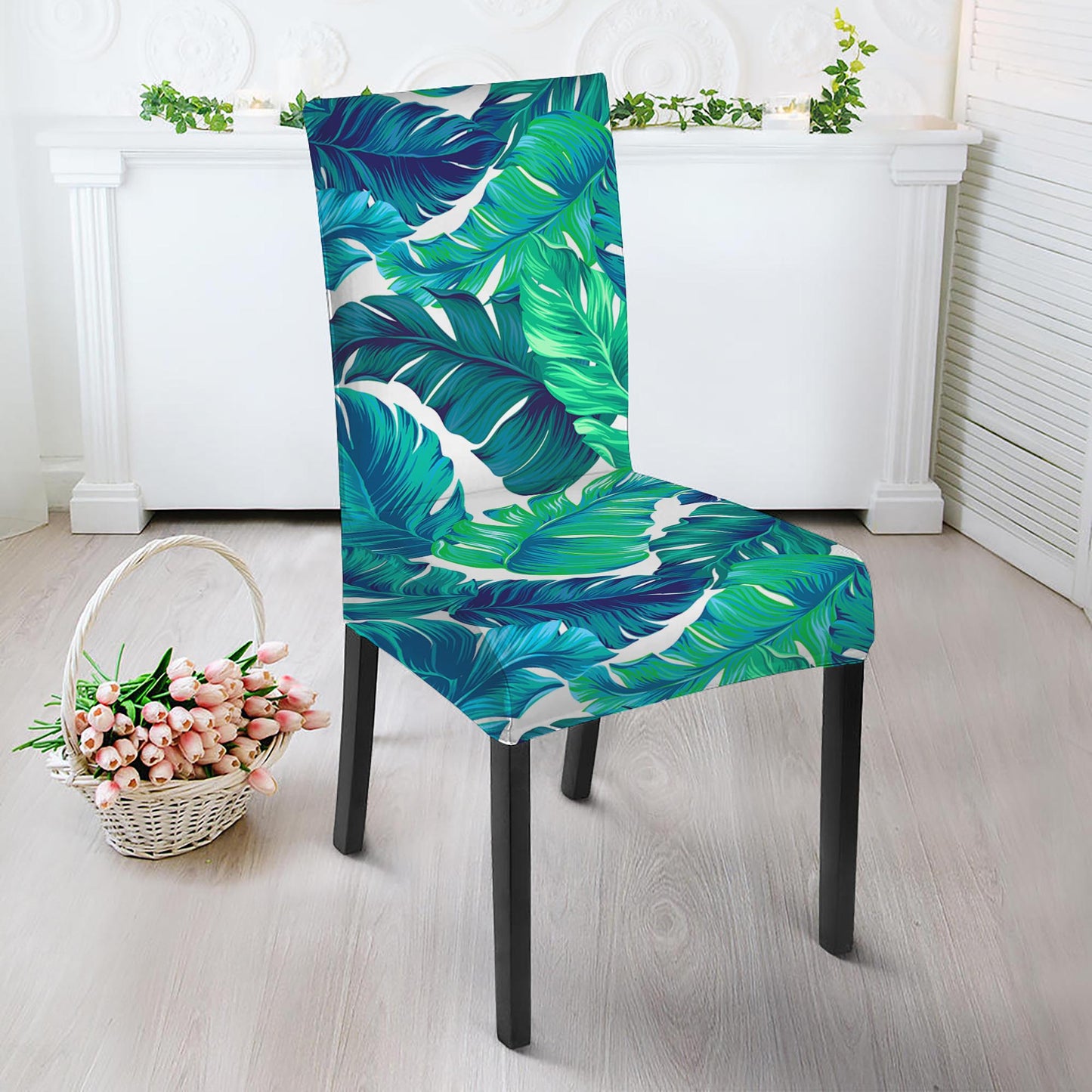 Teal Tropical Leaf Pattern Print Dining Chair Slipcover