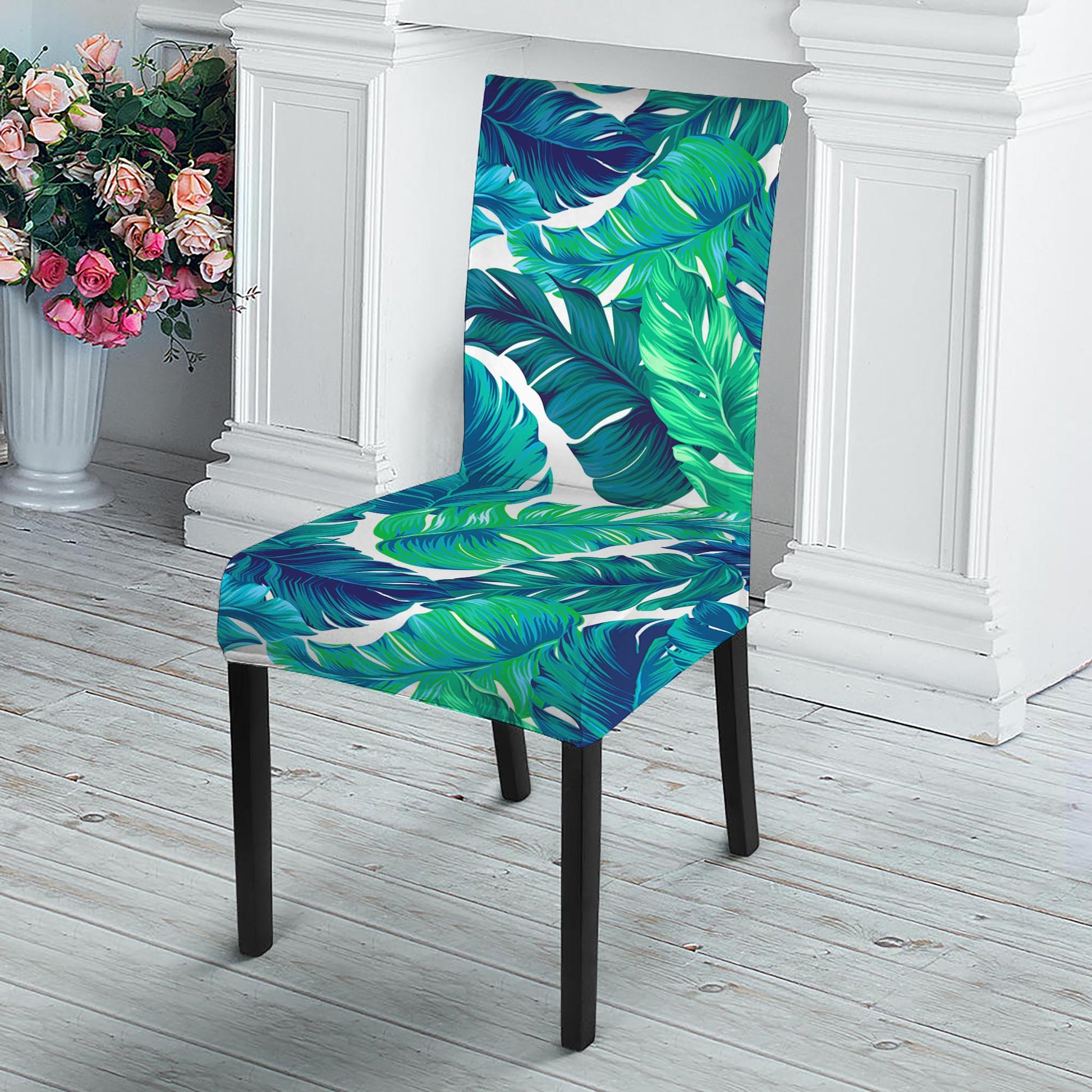 Teal Tropical Leaf Pattern Print Dining Chair Slipcover