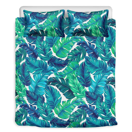 Teal Tropical Leaf Pattern Print Duvet Cover Bedding Set