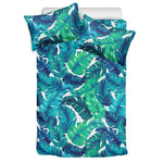 Teal Tropical Leaf Pattern Print Duvet Cover Bedding Set