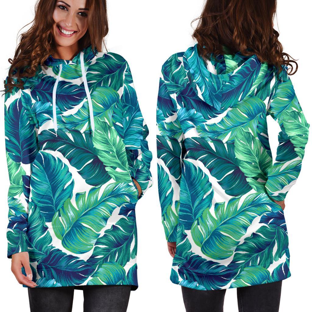 Teal Tropical Leaf Pattern Print Hoodie Dress GearFrost