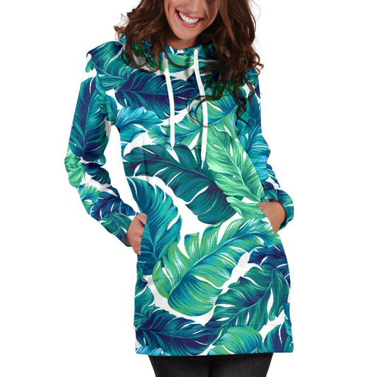Teal Tropical Leaf Pattern Print Hoodie Dress GearFrost