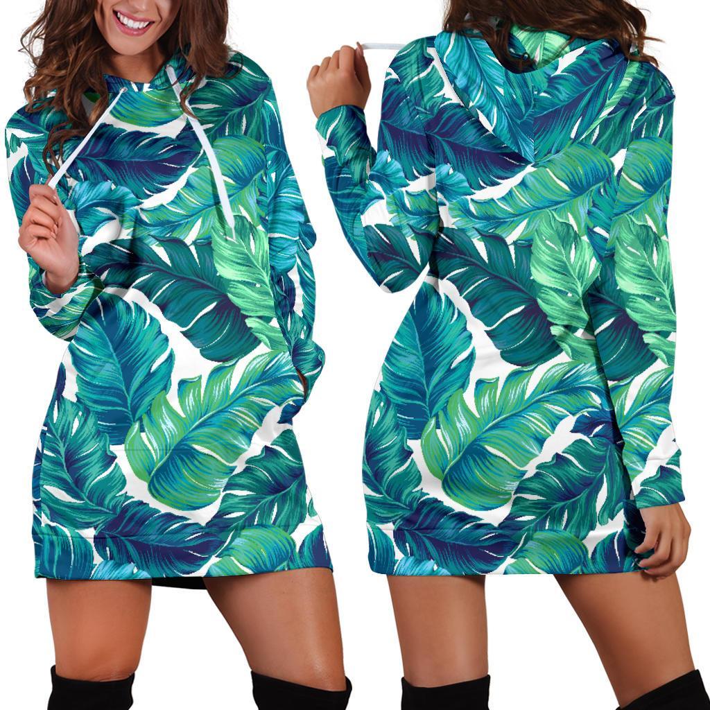 Teal Tropical Leaf Pattern Print Hoodie Dress GearFrost