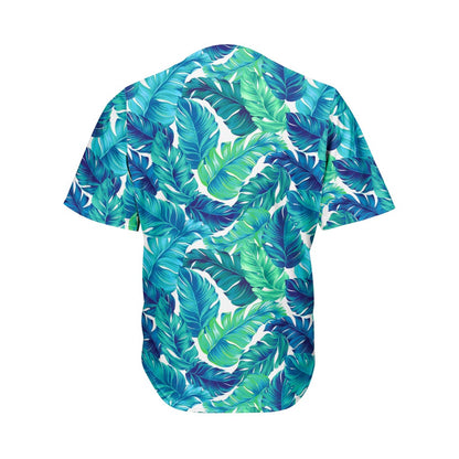 Teal Tropical Leaf Pattern Print Men's Baseball Jersey