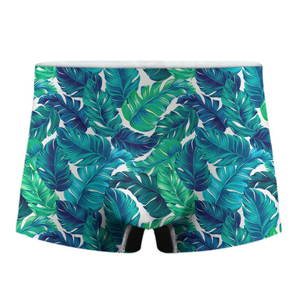 Teal Tropical Leaf Pattern Print Men's Boxer Briefs