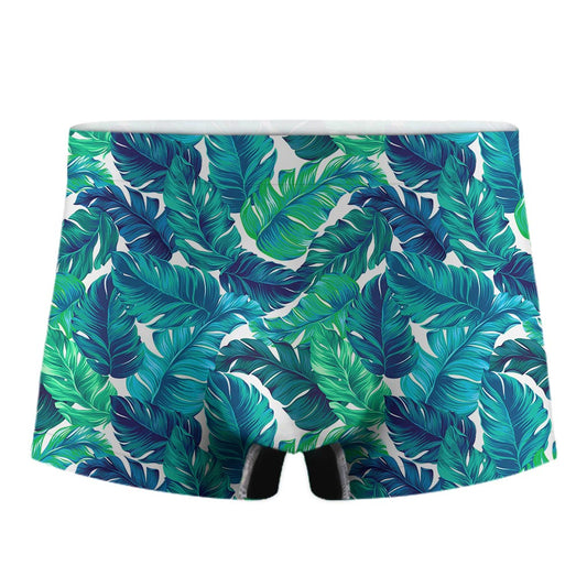 Teal Tropical Leaf Pattern Print Men's Boxer Briefs