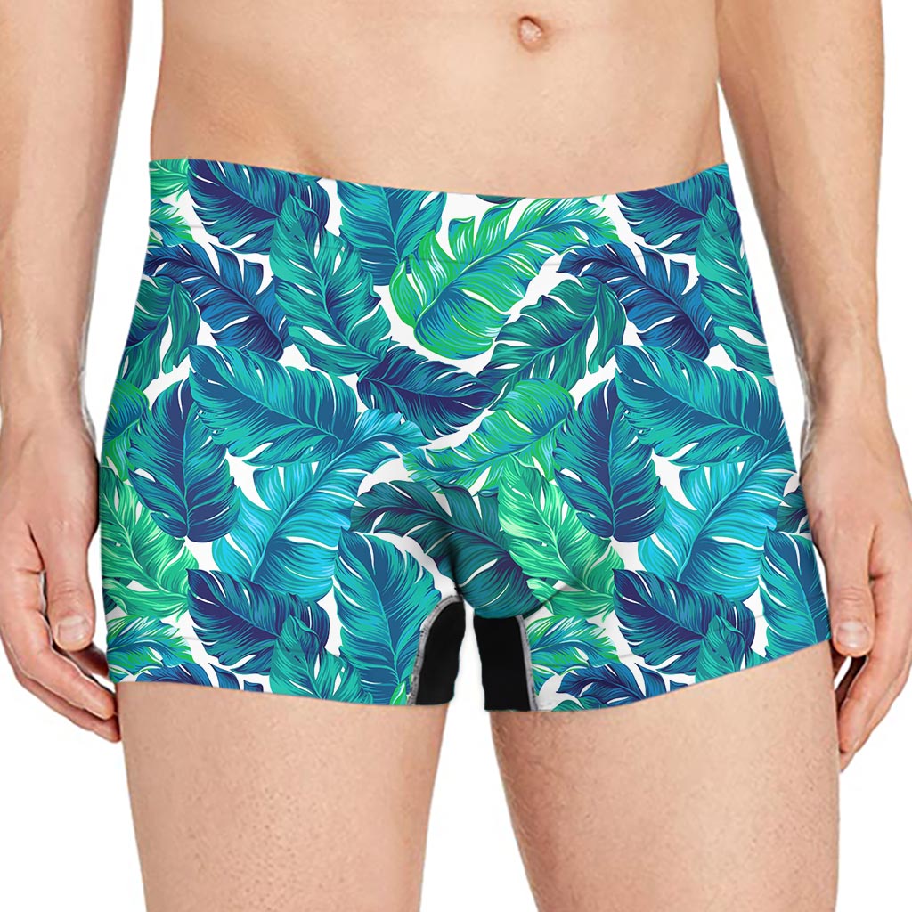 Teal Tropical Leaf Pattern Print Men's Boxer Briefs
