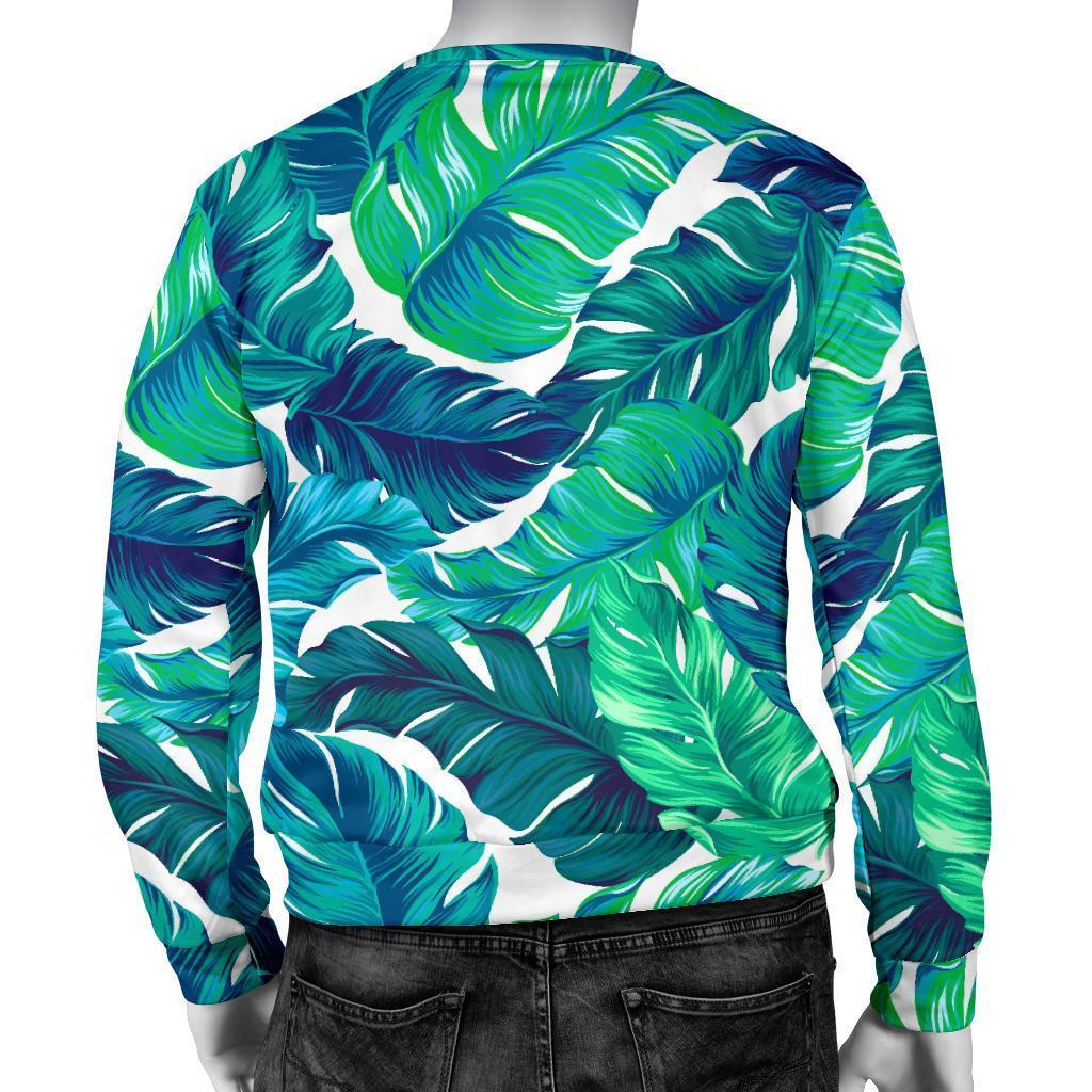 Teal Tropical Leaf Pattern Print Men's Crewneck Sweatshirt GearFrost