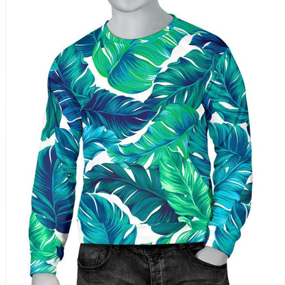 Teal Tropical Leaf Pattern Print Men's Crewneck Sweatshirt GearFrost