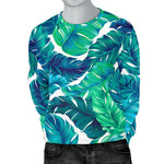 Teal Tropical Leaf Pattern Print Men's Crewneck Sweatshirt GearFrost