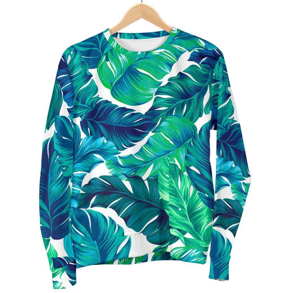 Teal Tropical Leaf Pattern Print Men's Crewneck Sweatshirt GearFrost