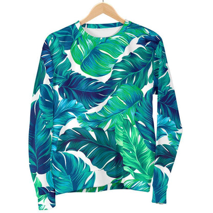 Teal Tropical Leaf Pattern Print Men's Crewneck Sweatshirt GearFrost