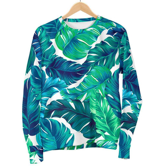 Teal Tropical Leaf Pattern Print Men's Crewneck Sweatshirt GearFrost