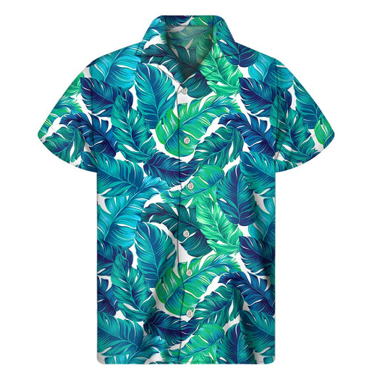Teal Tropical Leaf Pattern Print Men's Short Sleeve Shirt