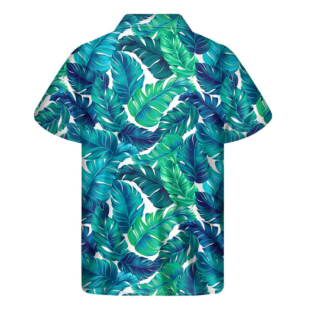 Teal Tropical Leaf Pattern Print Men's Short Sleeve Shirt