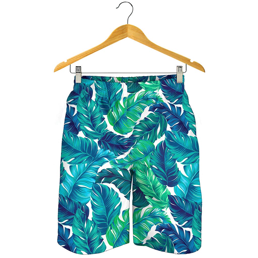 Teal Tropical Leaf Pattern Print Men's Shorts