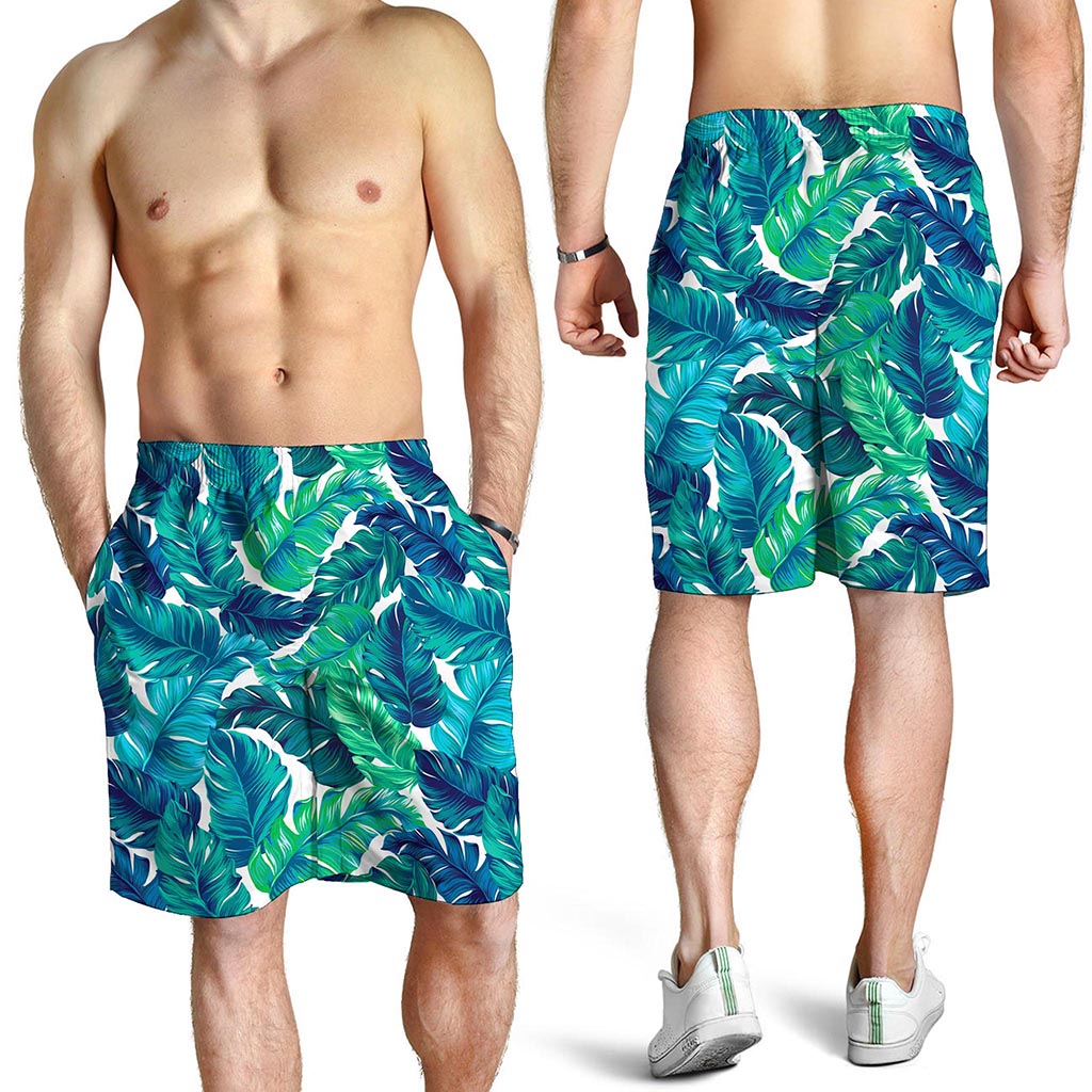 Teal Tropical Leaf Pattern Print Men's Shorts