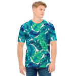 Teal Tropical Leaf Pattern Print Men's T-Shirt