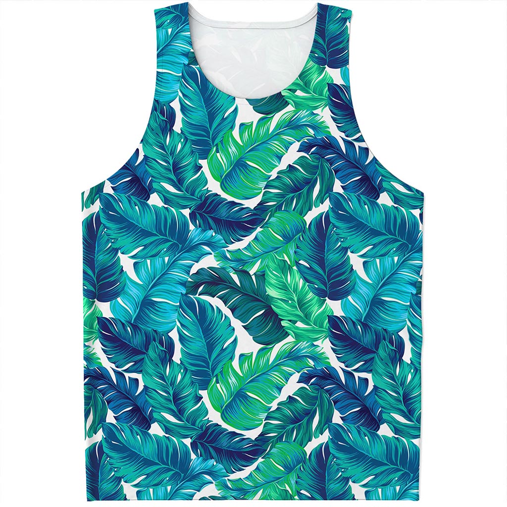 Teal Tropical Leaf Pattern Print Men's Tank Top