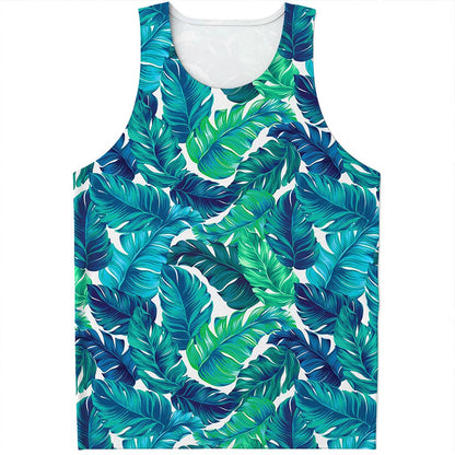 Teal Tropical Leaf Pattern Print Men's Tank Top
