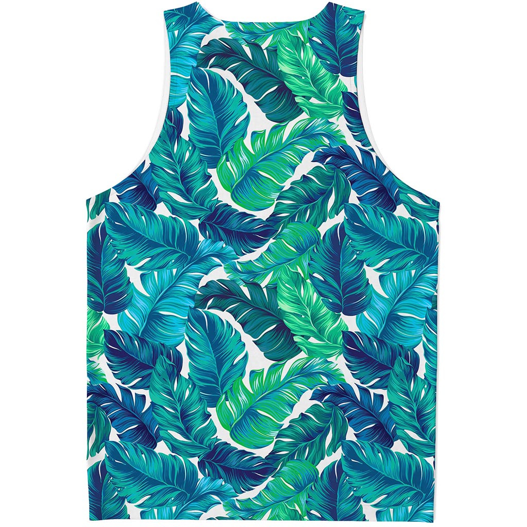 Teal Tropical Leaf Pattern Print Men's Tank Top