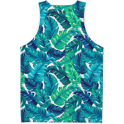 Teal Tropical Leaf Pattern Print Men's Tank Top