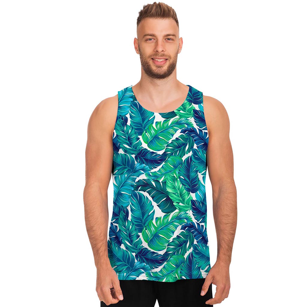 Teal Tropical Leaf Pattern Print Men's Tank Top