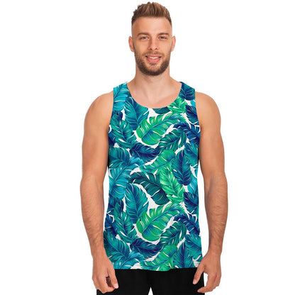 Teal Tropical Leaf Pattern Print Men's Tank Top