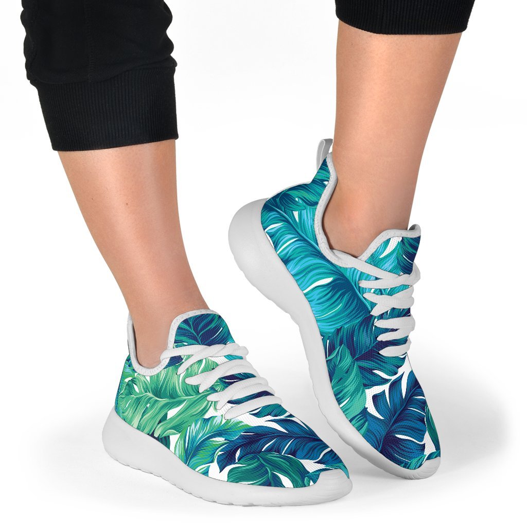 Teal Tropical Leaf Pattern Print Mesh Knit Shoes GearFrost