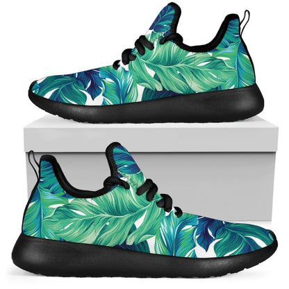 Teal Tropical Leaf Pattern Print Mesh Knit Shoes GearFrost