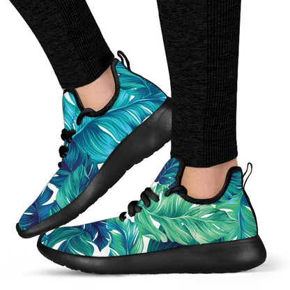 Teal Tropical Leaf Pattern Print Mesh Knit Shoes GearFrost
