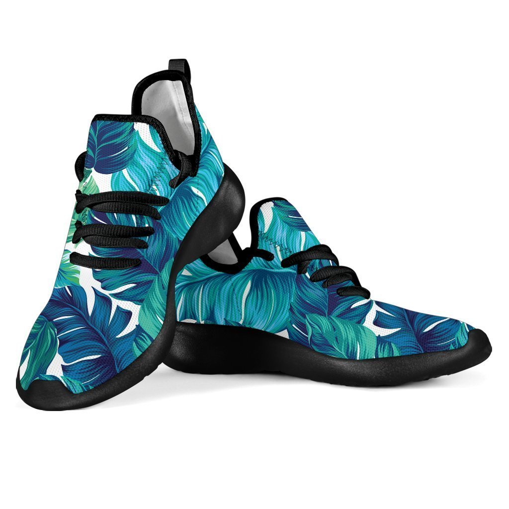 Teal Tropical Leaf Pattern Print Mesh Knit Shoes GearFrost