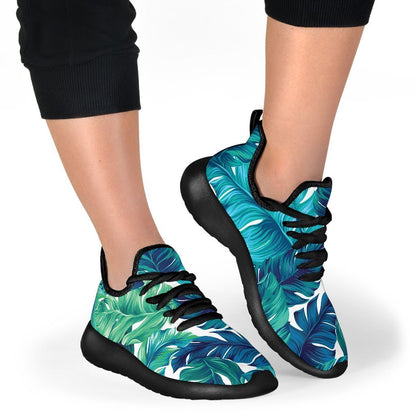 Teal Tropical Leaf Pattern Print Mesh Knit Shoes GearFrost