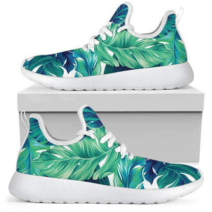 Teal Tropical Leaf Pattern Print Mesh Knit Shoes GearFrost