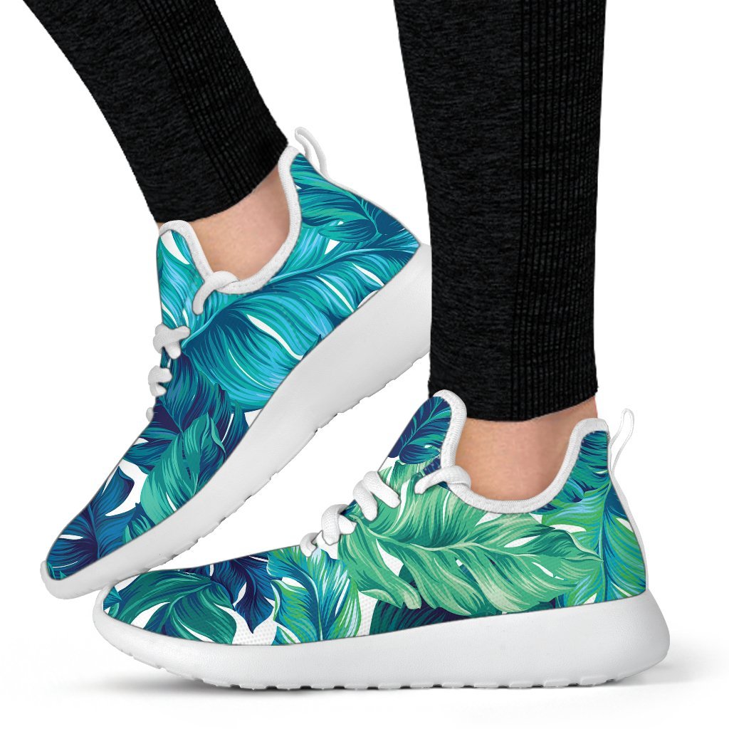 Teal Tropical Leaf Pattern Print Mesh Knit Shoes GearFrost