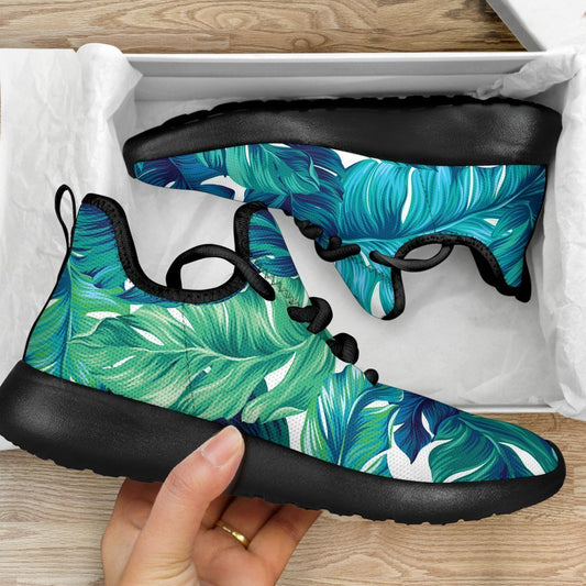 Teal Tropical Leaf Pattern Print Mesh Knit Shoes GearFrost